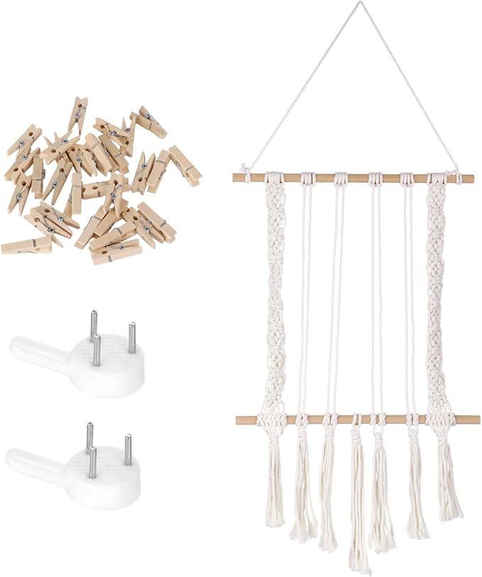 Joyibay Macrame Hanging Photo Display, Boho Wall Decor with Tassel Design, Includes 30 Wood Clips, Picture Card Holder for Room Bedroom Dorm Decoration, Ideal Teenage Christmas Birthday Gifts