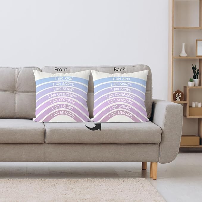 QIYUHOY Rainbow Classroom Throw Pillow Covers, Book Center Calming Corner Playroom Decor Pillow Case, Purple Pillow Cover, I Am Kind Smart Brave Confidence 18x18 Inch Pillowcase（Royal Purple）