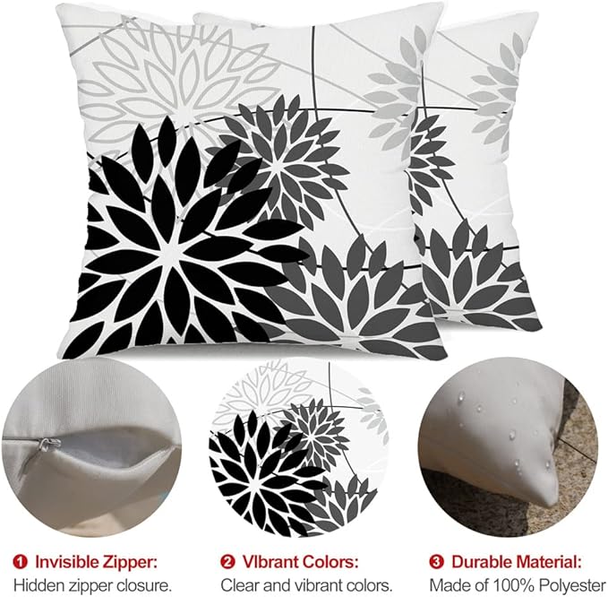 Black Grey Floral Pillow Covers 20x20 Set of 2 Outdoor Waterproof White Colored Decorative Throw Pillows Summer Pillowcase Polyester Cushion Case Decor for Couch Patio Funiture Garden Porch 01L20