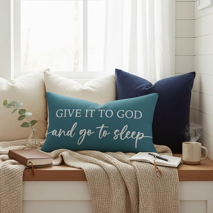 Decorative Throw Pillow Covers 12x20 Inch Set of 2 – Dusty Teal Christian Lumbar Pillowcase – Give It to God and Go to Sleep/Relax God’s Got This – Faith Bedroom Bed Decor