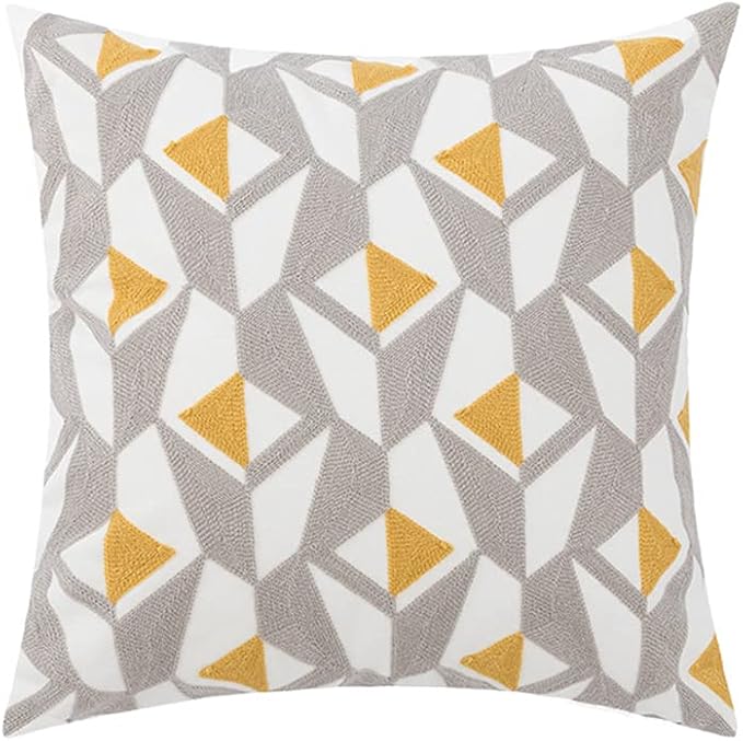 vctops Embroidery Cotton Decorative Throw Pillow Cover Boho Geometric Pattern Cushion Cover for Couch Sofa Bed (Grey Yellow,18"x18")