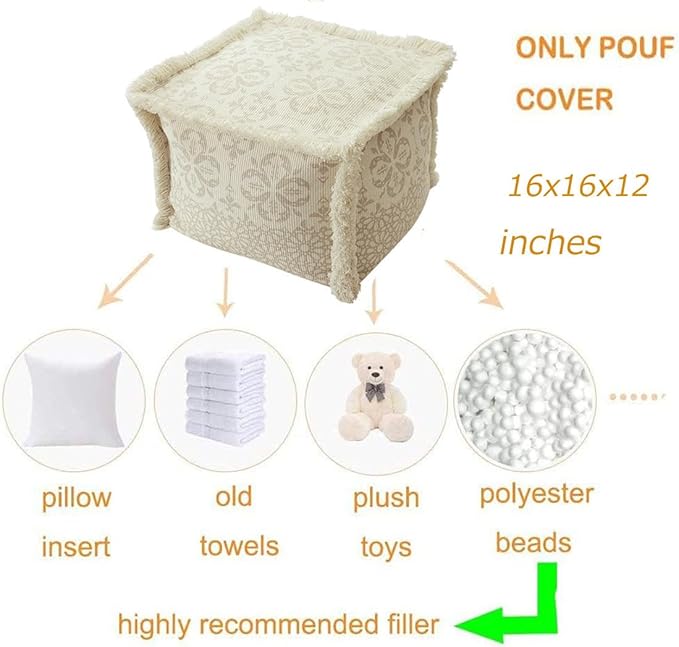 MOCOFO Boho Pouf Cover Unstuffed Square Ottoman Pouf Chair,Home Decor Pouf Cover(White,40x40x30cm)