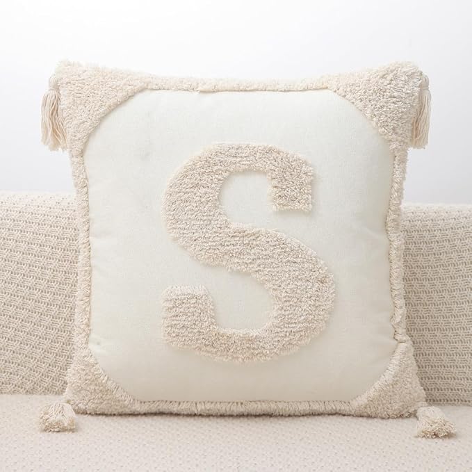 Monogram Pillow Covers with Tassels 18”x18” Modern Cotton Canvas Tufted Alphabet S Throw Pillow Covers for Sofa Couch Bed 26 English Letters Decorative Pillow Case for Sofa Throw Pillows