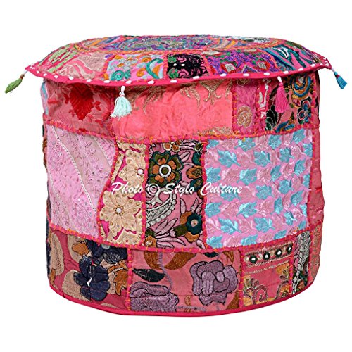 Patchwork Ottoman Pouffe Case Embroidered Indian Ethnic Cotton Stool Pouf Cover Pink Floral Furniture Tuffet Seat 45 cm Footstool Floor Cushion Decor Bean Bag Living Room - color: Dark Pink