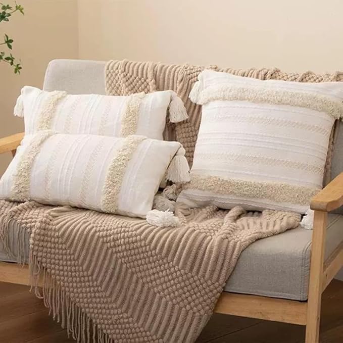 Beige Decorative Pillow Covers 20x20 Inch Soft Linen Texture Couch Throw Pillows Farmhouse Cushion Covers with Elegant Design for Sofa Bedroom Living Room Home Decor
