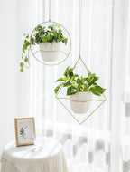 Mkono Metal Hanging Planters for Indoor Plants with Plastic Pots, Set of 2 Modern Mid Century Flower Pot Plant Holder in Diamond and Circle Shape, Fits 6 Inch, Gold