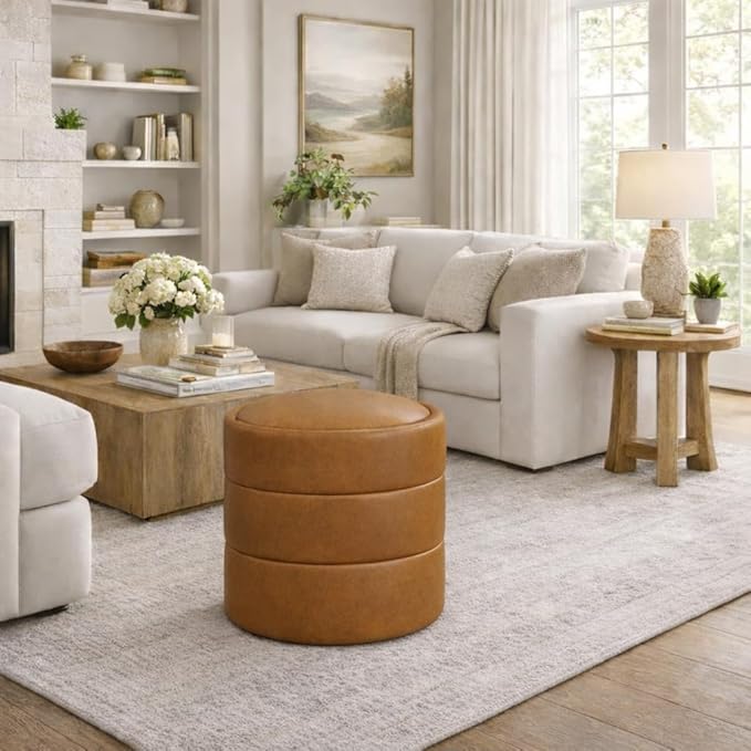 Spatial Order Storage Round Ottoman with Removable Lid (with Hidden Storage) | Spatial Order Home Décor | Upholstered Round Velvet Ottoman – Carmel Faux Leather