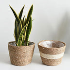Hand Woven Planter Basket with Liner Rustic Straw Flower Pot for Indoor Outdoor Plants Balcony Living Room Decor 7.8X9.75X7.8 Inches