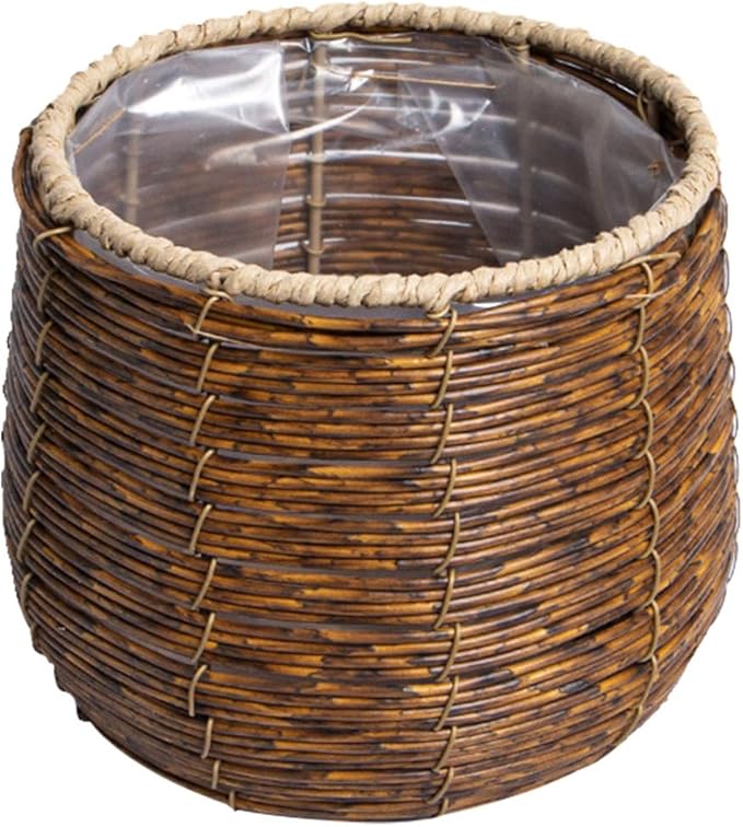 BESPORTBLE Rattan Flower Basket, Wicker Woven Planter with Plastic Liner, Small Trash Can, Round Plant Flower Pot for Bathrooms Kitchens Home Office 17cm
