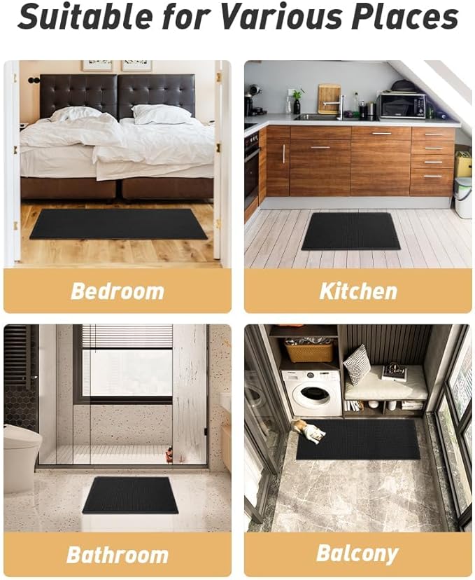 AMOAMI Upgraded Waffle Runner Rug, Super Absorbent Non Slip Bath Mats for Bathroom Floor, Washable Bathroom Runner Rug with Tassels, Ideal for Hallway Bedroom Laundry Room, Black, 2'x 4'(24" x 48")