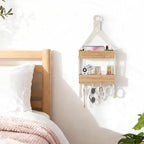 Mkono Macrame Hanging Shelf for Bedside Shelf Organizer with Hooks, Boho Wall Decor Cute Wood Floating Shelves for Girls Bedroom Dorm Nursery, Wall Storage for Phone, Remote, Earphone, Accessories