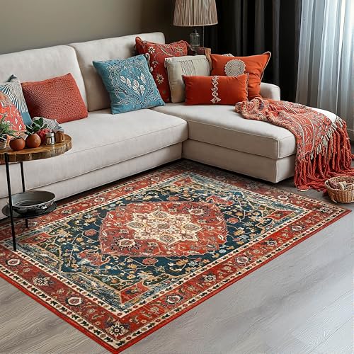 YJ.GWL Area Rugs for Living Room 3x5 Machine Washable Rugs for Bedroom, Non Slip Floral Vintage Rug Indoor Carpet, Small Floor Throw Rug for Dining Room Kitchen, Orange-Red - color: Orange-red, size: 3' x 5' (Rectangular)
