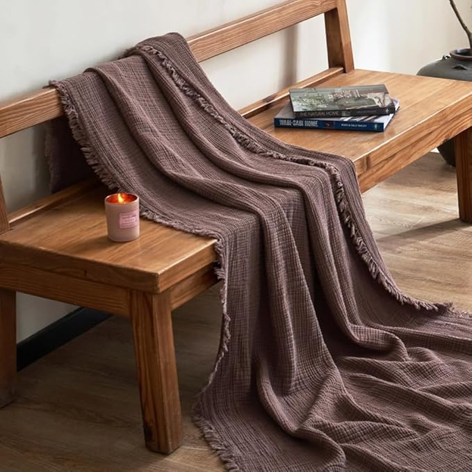 100% Cotton 4-Layer Muslin Blanket with Fringes, 80"x90", Dusty Mauve Bed Blanket, Ultra-Soft Gauze Boho Bedding for All Seasons, Breathable for Couch, Bed(Dusty Mauve,Queen)