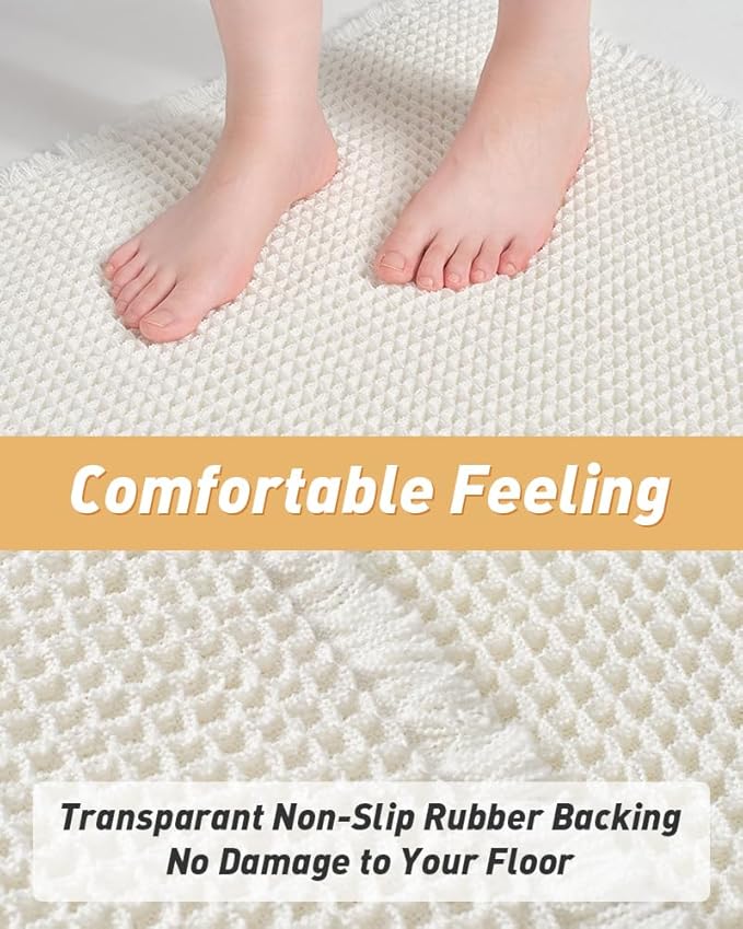 AMOAMI Upgraded Waffle Bath Mat, Super Absorbent Non Slip Bath Mats for Bathroom Floor, Machine Washable Bathroom Rugs with Tassels, Rubber Backed Bathroom Mats, Ultra Soft, 17" x 24", White