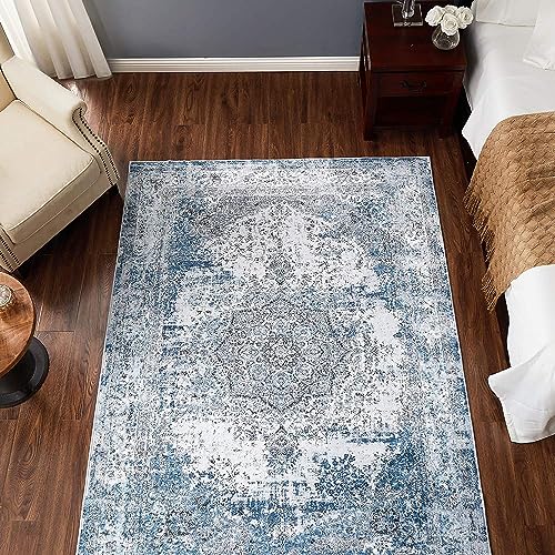 jinchan Area Rug 3x5 Washable Doormat Vintage Distressed Rug Door Mat Indoor Entrance Thin Traditional Gray Floral Lightweight Non Slip Carpet for Kitchen Bedroom Living Room Blue - color: Vintage Blue, size: 3' x 5' (Rectangular)