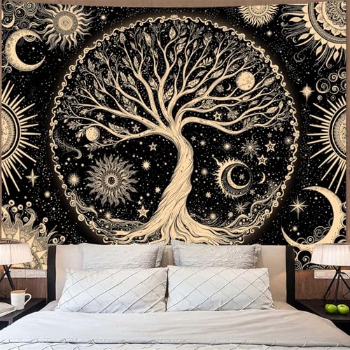Spenlife Tree of Life Tapestry Sun and Moon Tree Wall Tapestry, Vintage Tapestries for Bedroom Mandala Tapestries Wall Hanging for Bedroom Living Room Decor Tree-1 44"x60" - color: Dark Green, size: 60"L x 44"W