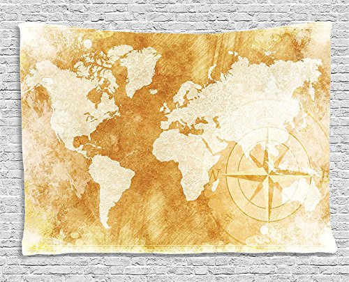 Ambesonne Compass Tapestry, Old-Fashioned World Map Design with Compass in Retro Distressed Colors Continents, Wide Wall Hanging for Bedroom Living Room Dorm, 60" X 40", Cream Tan - color: Cream Tan, size: 60"L x 40"W