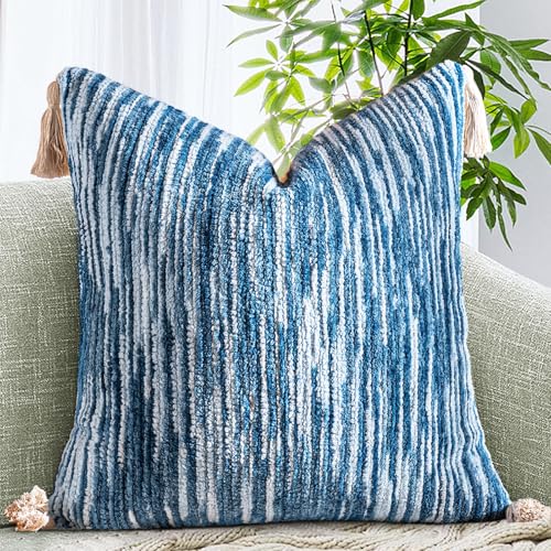 AmHoo Boho Throw Pillow Cover Decorative Bohemian Woven Tufted Striped Farmhouse with Tassels Textured Cushion Case Pillowcase Neutral for Sofa Couch Bed 18 x 18-Inch Sky Blue - color: Sky Blue, size: 18" x 18" (Pack of 1)