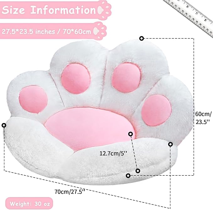 Cat Paw Cushion Cute Chair Cushion Kawaii Seat Cushion 28"x 24"Gaming Chair Cushion Kitty Plush Lazy Sofa Pillow for Girl Soft Chair Pillow, Kawaii Accessories Stuff Room Decor (White)