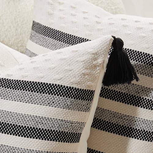 Boho Throw Pillow Covers with Tassels Woven Set of 2, 18x18 Inch Striped Textured Couch Throw Pillows for Couch Bed Sofa Bedroom Modern Funky (Black, 18"x18"(Pack of 2)) - color: Black