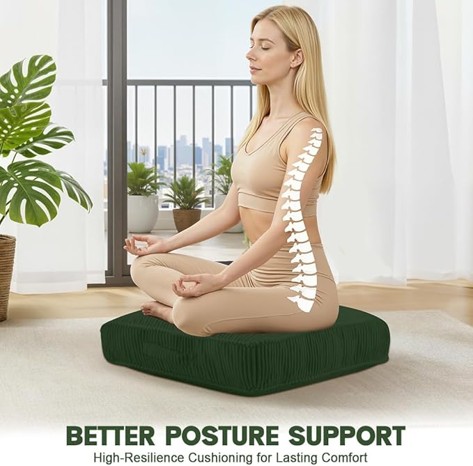 Floor Pillow for Adults, 4" Square Floor Cushions with Washable Cover, Large Corduroy Meditation Pillow, 22 inches Tatami Seat with Handle for Living Room or Yoga, Green