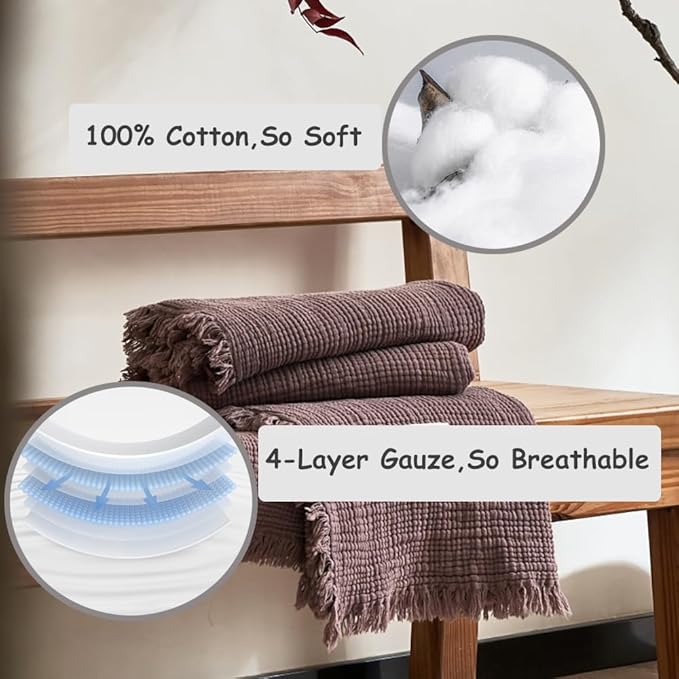 100% Cotton 4-Layer Muslin Blanket with Fringes, 80"x90", Dusty Mauve Bed Blanket, Ultra-Soft Gauze Boho Bedding for All Seasons, Breathable for Couch, Bed(Dusty Mauve,Queen)
