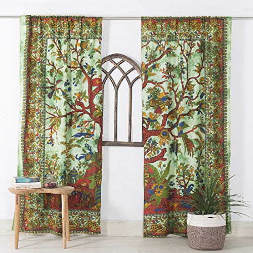 Popular Handicrafts Indian Hippie Bohemian Beautiful Tree of Life Tie Dye Mandala Curtain Panels Green - color: Green, size: 38"W x 83"L (Pack of 2)