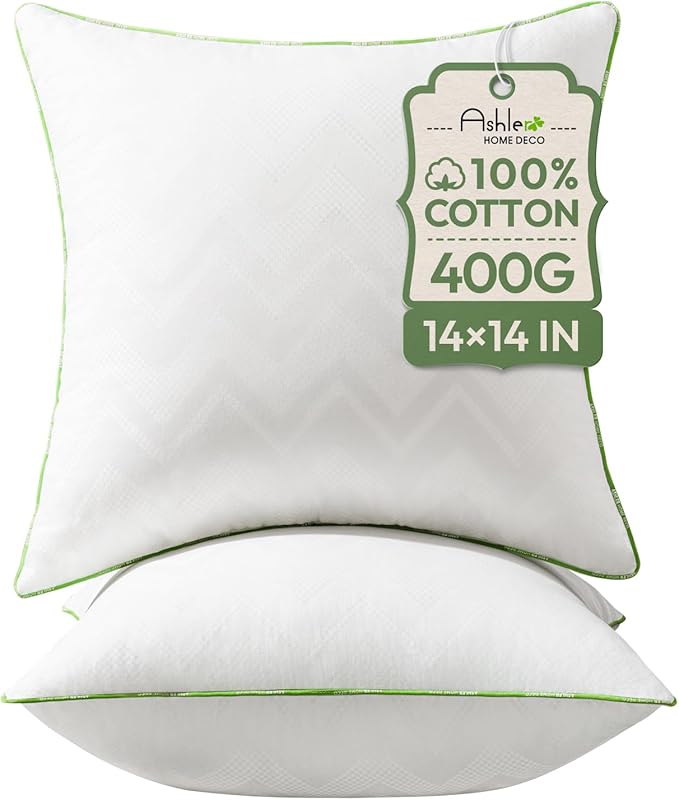 Ashler 14x14 Pillows Insert (Set of 2) - Throw Pillow Inserts with 100% Cotton Cover - Premium Fluffy Pillow Forms Stuffing Bedding Inserts -Decorative White Couch Pillow