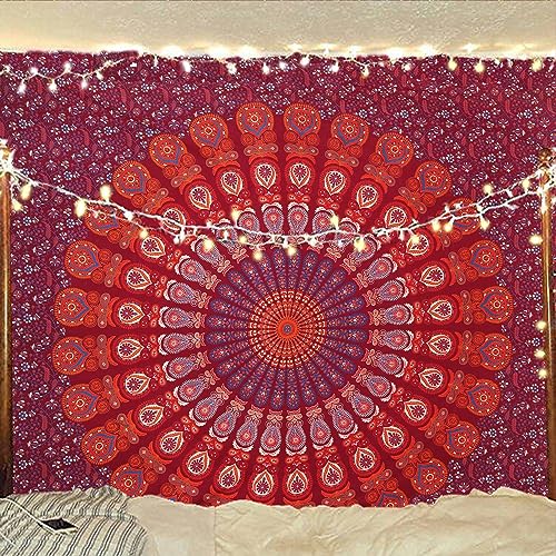 Bless International Handmade Indian hippie Bohemian Psychedelic Peacock Mandala Wall hanging College Dorm Beach Throws Table Cloth Bedding Tapestry (Blue Red, Queen(84x90Inches)(215x230Cms)) - color: Blue Red, size: 90"L x 84"W