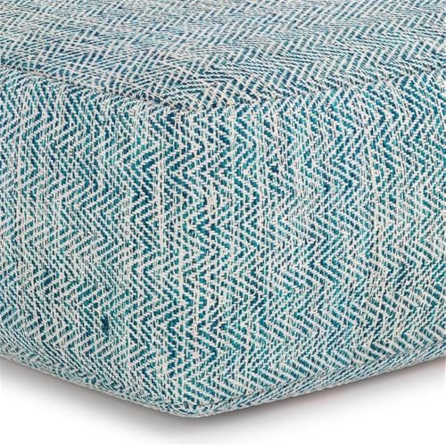 BOWERY HILL Boho Square Pouf, Patterned Teal Melange Cotton Upholstery, 20" x 20" x 10", Dense Polystyrene Filling, Versatile Seating or Ottoman for Living Room or Bedroom Use - color: Blue