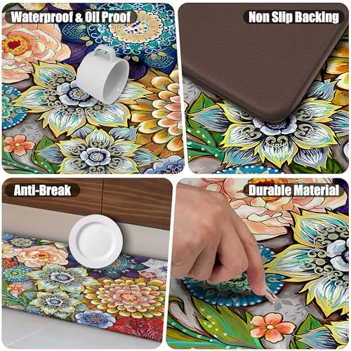 Floral Long Kitchen Runner Rug for Floor, Boho Cushioned Anti-Fatigue, Non-Slip Standing Desk, Waterproof Comfort Mat for Sink, Office, Laundry, 17.3x59 Inch - color: Colorful Boho Floral, size: 17.3"x59"-0.40Th