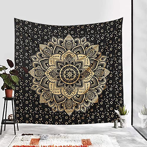Rajsee Gold Mandala Tapestry - Boho Bedroom Aesthetic - Trippy Large Wall Hanging - Black Gold Wall Art 82x92 Inches - color: Black and Gold, size: 92"L x 82"W