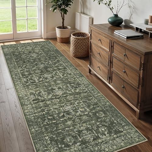 3x8 Green Runner Rug Hallway Washable Area Rugs Kitchen Vintage Boho Non Slip Long Rug Floral Carpet Indoor Retro Soft Low Pile Throw Rug for Bedroom Bathroom Laundry Dining Living Room Office - color: Dark Green, size: 3' x 8' (Runner)