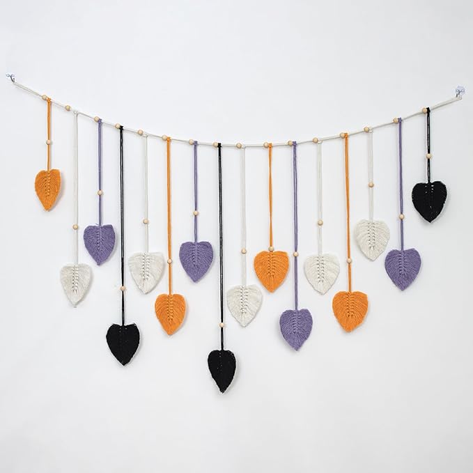 EOBTAIN Macrame Leaf Wall Hanging Large,Boho Purple Orange and Black Leaves Woven Tapestry Halloween Home Decor,Handmade Yarn Tassels Textile Feather Wall Art Decor for Living Room Bedroom