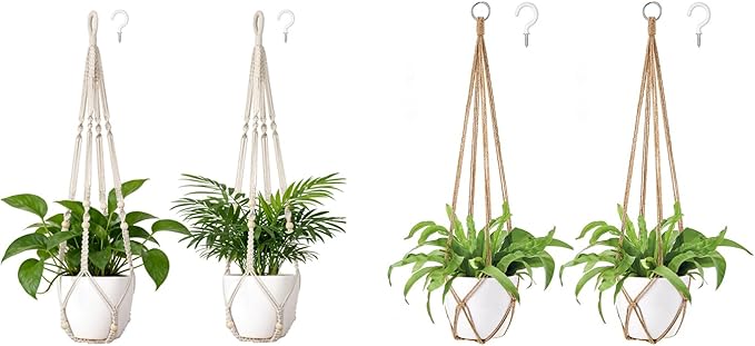 Dahey Set of 2 Macrame Plant Hanger Indoor Hanging Planter Basket with Hooks Flower Pot Plant Holder No Tassels for Boho Home Decor, 35 Inch