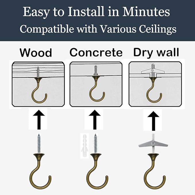 2 Sets Heavy Duty Swag Ceiling Hooks for Hanging Plants with Hardware, Cavity WallFixing, Easy to Install, Holds Up to 30 lbs, Antique Brass for Home & Garden