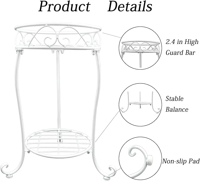 White Metal Plant Stand, 18.5 inch Tall 2 Tier Potted Holder Rack, Heavy Duty Flower Pot Shelf for Indoor Outdoor Patio Balcony Corner Garden