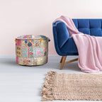Aakriti Gallery Indian Pouf Footstool Ethnic Embroidered Pouf Cover, Indian Cotton Round Pouffe Ottoman Pouf Cover Pillow Ethnic Decor Art - Cover Only (Beige, 18x13)