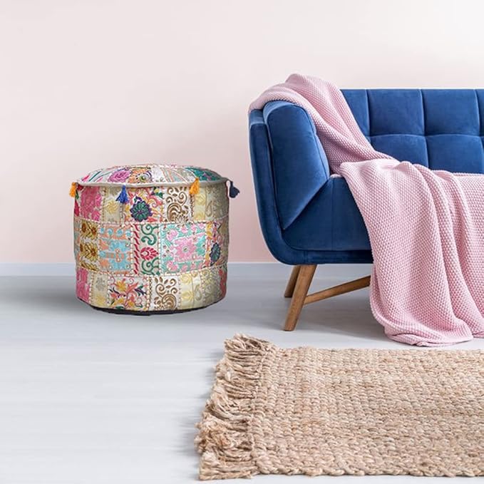 Aakriti Gallery Indian Pouf Footstool Ethnic Embroidered Pouf Cover, Indian Cotton Round Pouffe Ottoman Pouf Cover Pillow Ethnic Decor Art - Cover Only (Beige, 18x13)