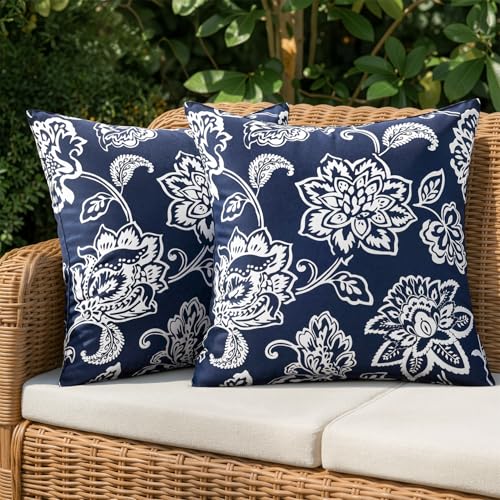 Decorative Outdoor Floral Pillow Covers Set of 2,Waterproof Boho Farmhouse Throw Pillows Summer Coastal Accent Pillowcases for Patio Furniture Garden Sofa 18x18 Inch, Navy Blue - color: Navy Blue