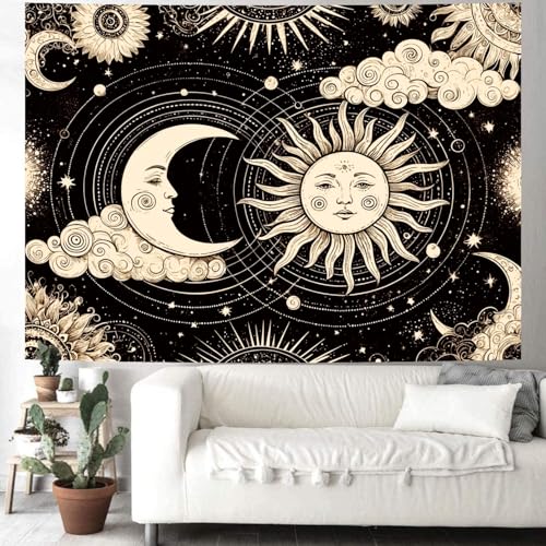 Delur Sun and Moon Tapestry Black Dark Boho Spiritual Burning Sun Tapestry Wall Hanging Mystic Aesthetic Cloud Abstract Star Psychedelic Headboard for Bedroom Living Room Home Decor (70.8" x 92.5") - color: Dark Sun and Moon, size: 70.8"L x 92.5"W