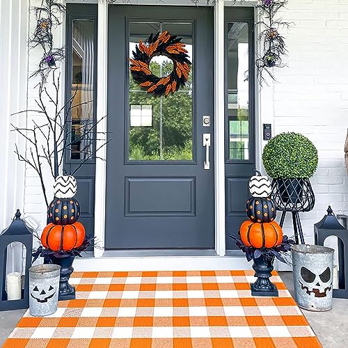 Bottalive Buffalo Plaid Outdoor Rugs, 3'x5' Orange and White Checkered Indoor/Outdoor Area Rug, Layering Rug for Hello/Welcome Door Mat, Washable Cotton Woven Farmhouse Mat for Fall Front Porch Décor - color: Orange and White Plaid, size: 3' x 5' (Rectang