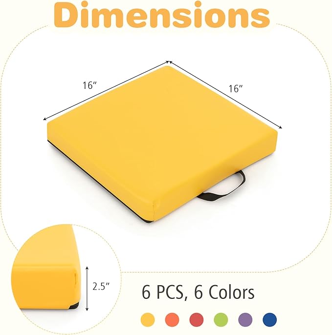 HONEY JOY 6PCS Floor Cushions for Kids, 16" Length Flexible Alternative Portable Classroom Seating with Handles, Easy to Clean, Thick Soft Foam Comfy Square Seats for Daycare Preschool, Colorful