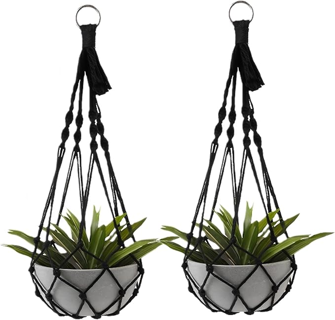 2 Pack Macrame Hanging Planters - Stylish Plant Hangers Crochet Boho Plant Holder Hanging Plant Basket for Up to 8 Inch Pots(Black, Without Patterns)