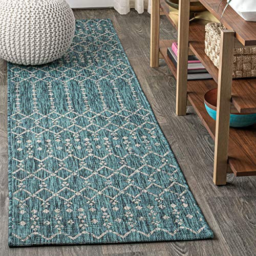 JONATHAN Y Moroccan Geometric Indoor Outdoor Runner Rug 2X10 Teal/Gray, Ourika Textured Weave for Backyard, Patio, Porch, Easy-Cleaning, High Traffic, Pet-Friendly, Non-Shedding (SMB108C-210) - color: Teal/Gray, size: 2'2" x 10' (Runner)