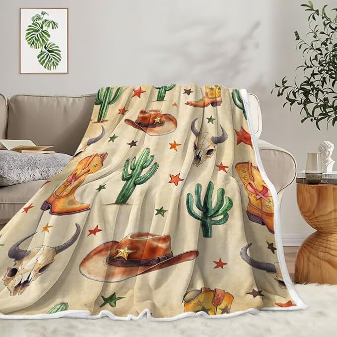 Western Cowboy Blankets, Wild West Flannel Throw Blanket, Soft, Flannel, Warm, West Cowboy Cactus and Cowboy Hat Throw Blanket Decor Rustic Cowboy Bed Blankets for Bedroom 50X60 Inch