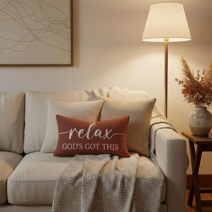 Decorative Throw Pillow Covers 12x20 Inch Set of 2 – Rust Christian Lumbar Pillowcase – Give It to God and Go to Sleep/Relax God’s Got This – Cozy Fall Thanksgiving Bedroom Bed Decor