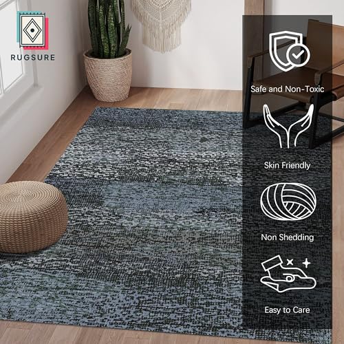 RUGSURE Washable Area Rug - 1/6 Thick - Stain & Water Resistant Non-Slip - Resistant Rug for Living Room, Bedroom, Nursery, Pet & Child Friendly, Vintage Charm Area Rugs (Darkgrey+Bule, 4' x 6') - color: Depth-darkgrey+bule, size: 4' x 6' (Rectangular)