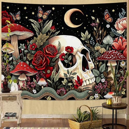 Haibimen Mushroom Skull Tapestry Wall Hanging Gothic Skeleton Floral Snake Moon Stars Tapestries for Bedroom Aesthetic Wallpaper Decor for Living Room, Dorm (Black 2, 48''×36'') - color: Black 2, size: 48''×36''