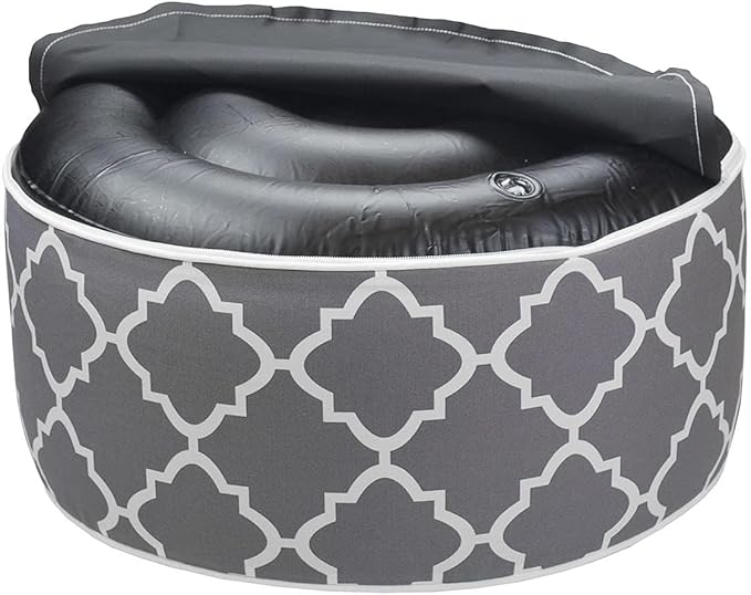 Outdoor/Indoor Inflatable Ottoman Pouf D20 xH9, All Weather Round Footstool with Foot Pump, Water Repellent Portable Footrest with Handle for Patio Garden Camping Travel-Grey Geometry